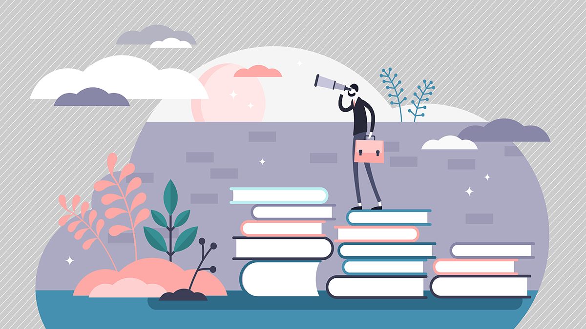 Illustration of a person looking out from a stack of books